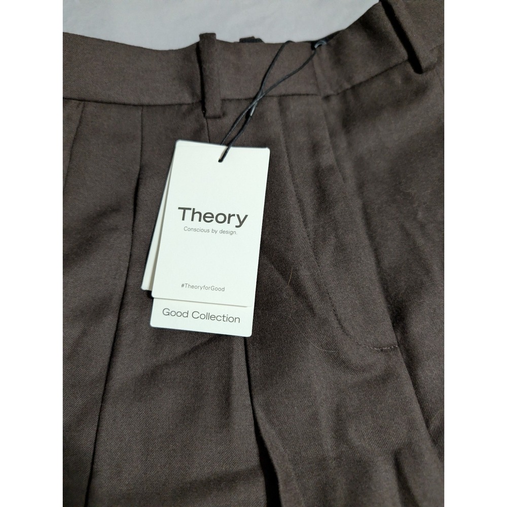 Theory Double Pleat Pants Womens 00 Cacao Brown Virgin Wool Wide Leg O0801202 - Picture 10 of 11